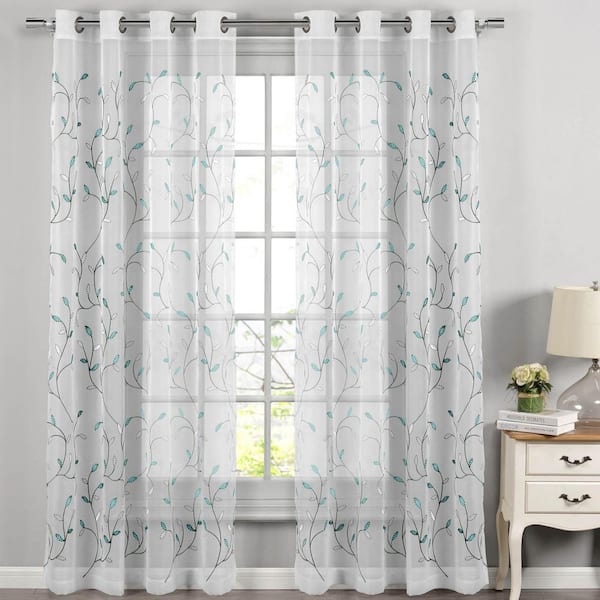 Wavy LeavesTurquoise Blue White 54 in. W x 84 in. L Embroidered Grommet Sheer Curtain (Single Panel)