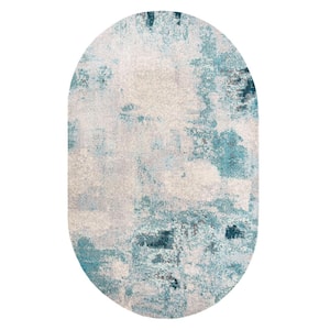 Contemporary Pop Modern Cream/Blue 3 ft. x 5 ft. Abstract Vintage Oval Area Rug