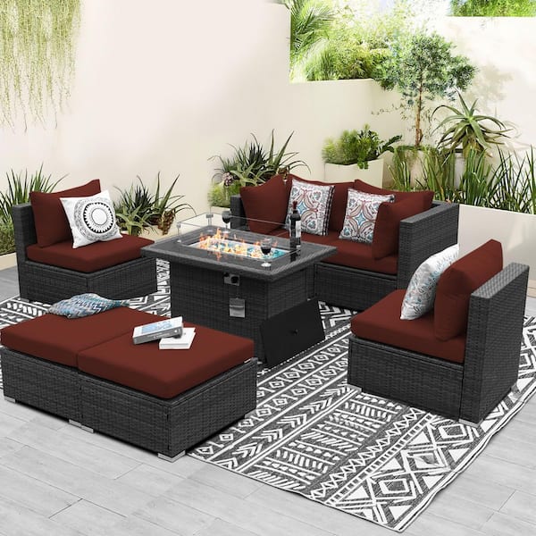 FINCATI 7-Piece Charcoal Wicker Patio Fire Pit Conversation Sectional Deep Seating Sofa Set with Dark Red Cushions