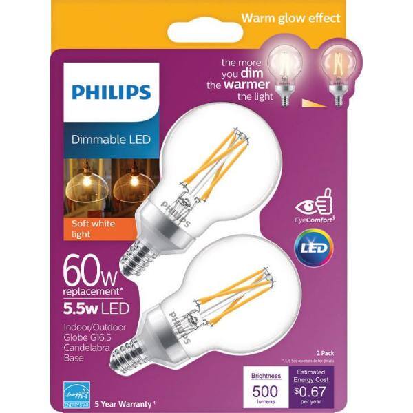 Philips 40-Watt Equivalent G16.5 Dimmable Candelabra Base LED Light Bulb with Dimming Effect Soft White (2-Pack) Philips 40-Watt Equivalent G16.5 Dimmable Candelabra Base LED Light Bulb with Dimming Effect Soft White (2-Pack)