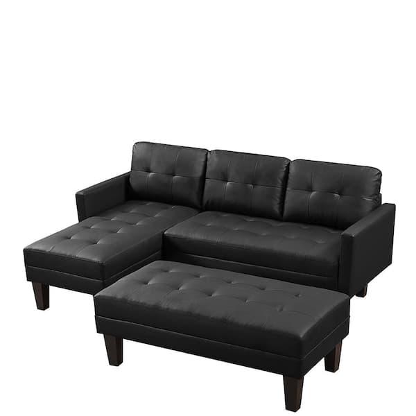 Donason 80.71 in W 2-Piece Black Faux Leather 3-Seats L-shape Reversible Sectional Sofa