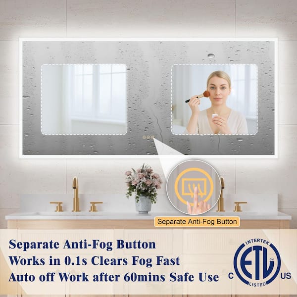 60 in. W x 28 in. H Rectangular Framed LED Wall Bathroom Vanity Mirror with Defogger, Plug-in or Wall-Switch