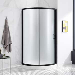 Breeze 35 in. L x 35 in. W x 77 in. H Corner Shower Kit with Frosted Sliding Door in Black, and Shower Pan (No Walls)