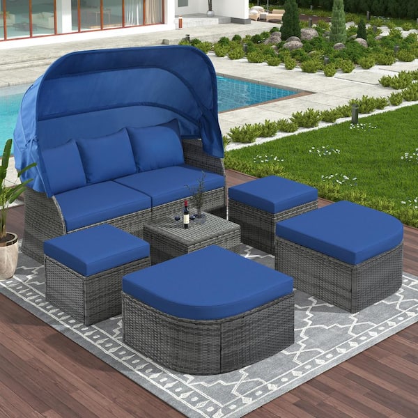 Harper & Bright Designs Gray Wicker Outdoor Sectional Set Day Bed with Blue Cushions and Retractable Canopy (6-Piece)