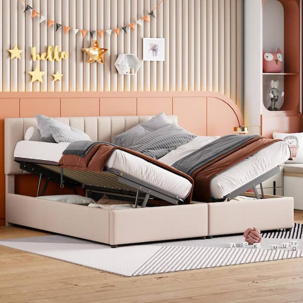 Beige Wood Frame King Size Upholstered Platform Bed with a Hydraulic Storage System