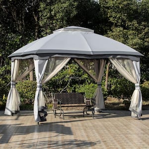 10 ft. x 12 ft. Grey Outdoor Patio Gazebo Canopy with Zippered Mesh Sidewalls and Arched Roof