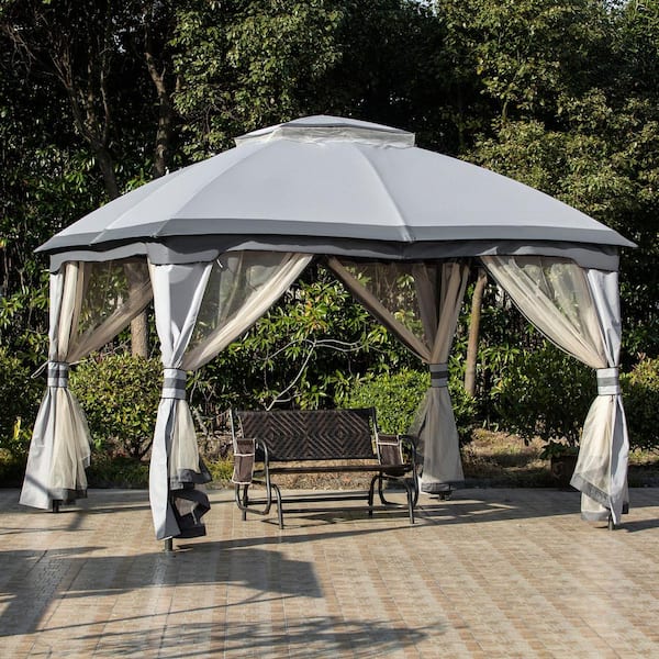 Outsunny 10 ft. x 12 ft. Grey Outdoor Patio Gazebo Canopy with Zippered Mesh Sidewalls and Arched Roof