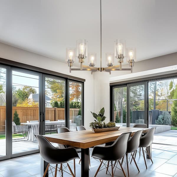 6-Light Nickel Farmhouse Chandelier perfect for Dining Room with Adjustable Height Industrial Clear Glass Pendants
