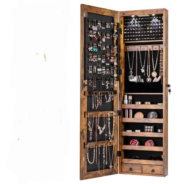 Lockable Wall Door Mounted Storage Organizer Mirrored Jewelry Cabinet w/ Lights Brown