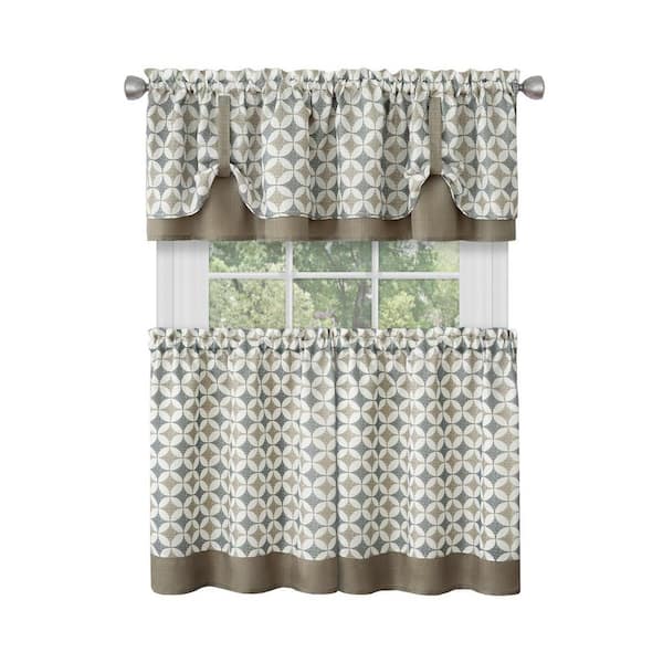 ACHIM Callie Taupe/Silver Polyester Light Filtering Rod Pocket Tier and Valance Curtain Set 58 in. W x 24 in. L