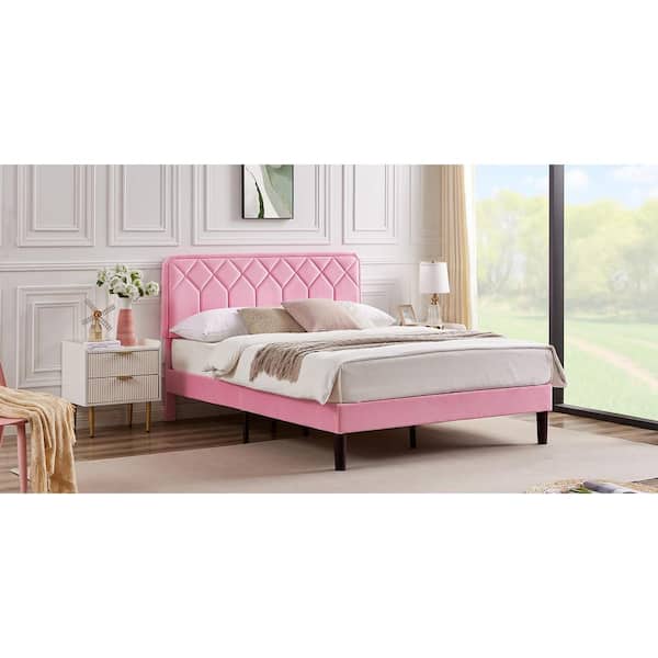 VECELO Bed Frame with Upholstered Headboard, Pink Metal