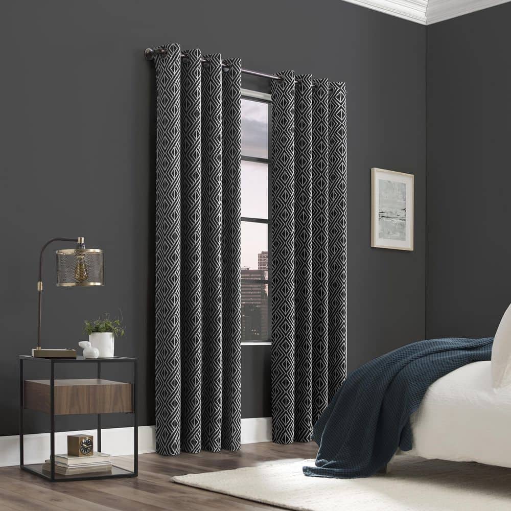 Black Geometric Polyester Blackout Grommet Curtain Panel
