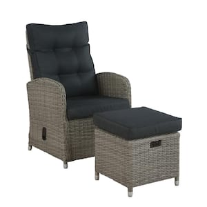 Monaco 2-Piece All-Weather Wicker Outdoor Recliner and Ottoman with Gray Cushions