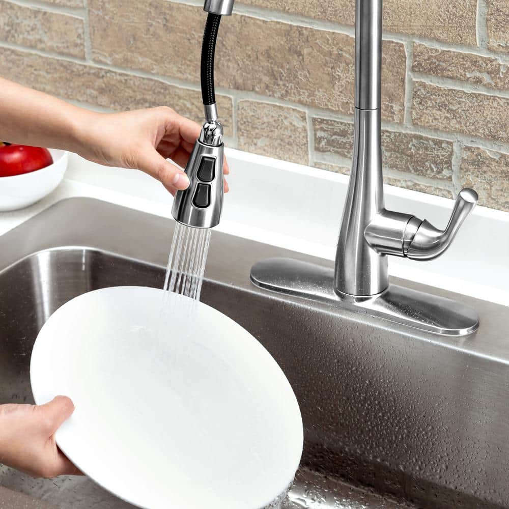Stainless Steel Single Handle Pull-Down Kitchen Faucet with Soap Dispenser