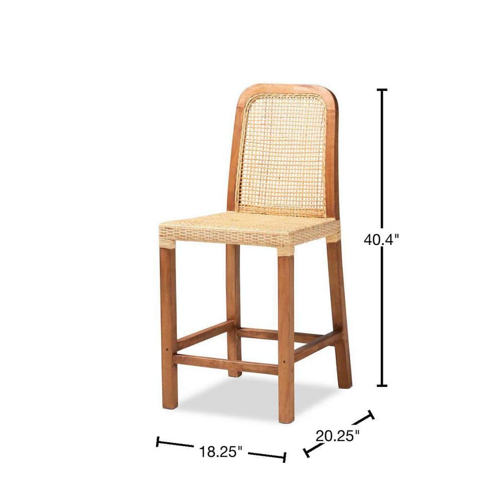 Caspia Mid-Century Walnut Brown Wood & Natural Rattan Counter Stool