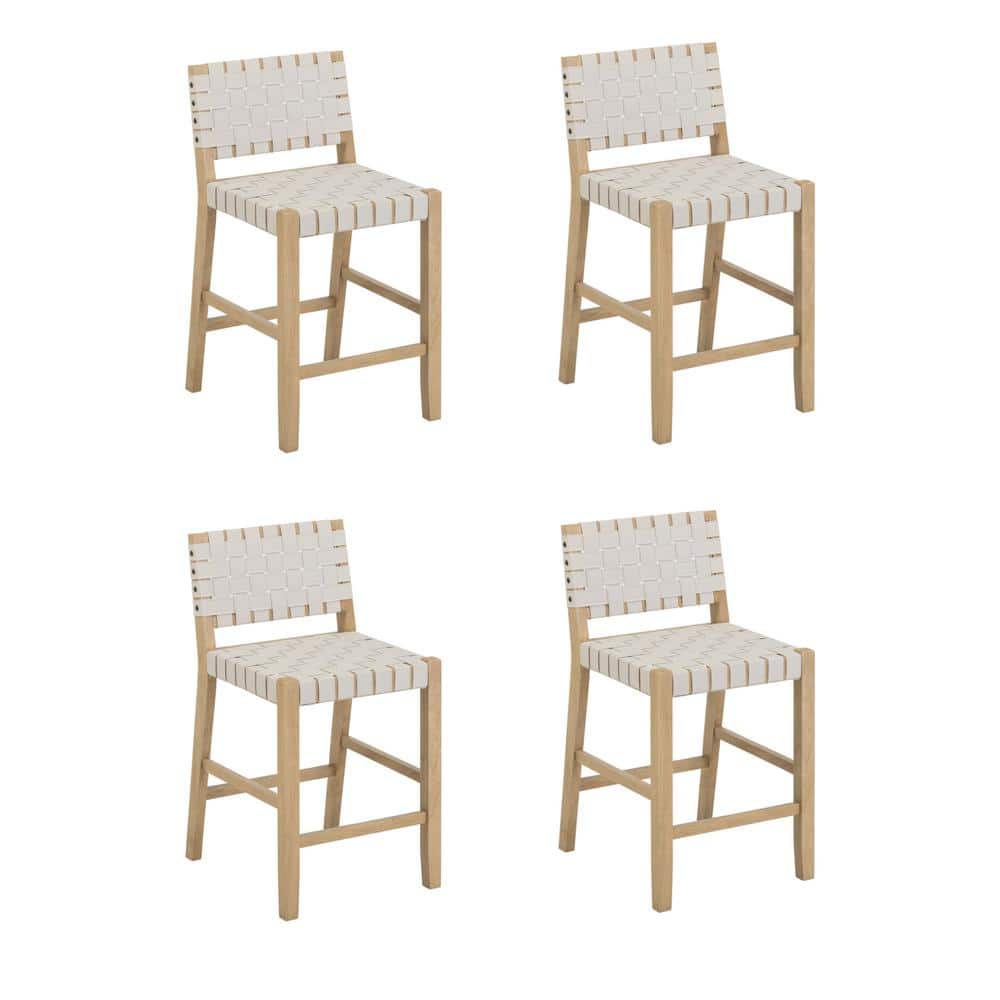 Set of 4 White Woven Faux Leather Bar Stools with Solid Wood Legs