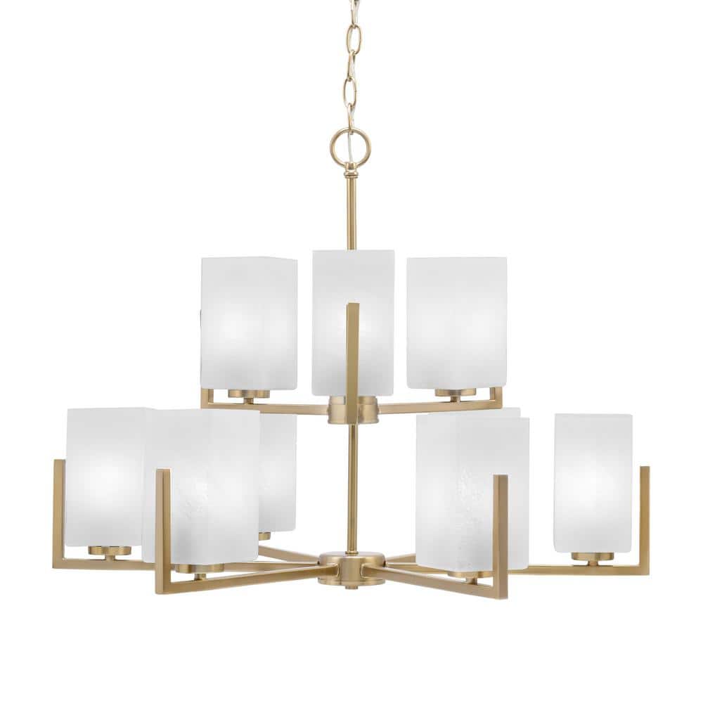 Cottonwood 28 in. 9 Light New Age Brass Chandelier with 3.5 in. Square Whit