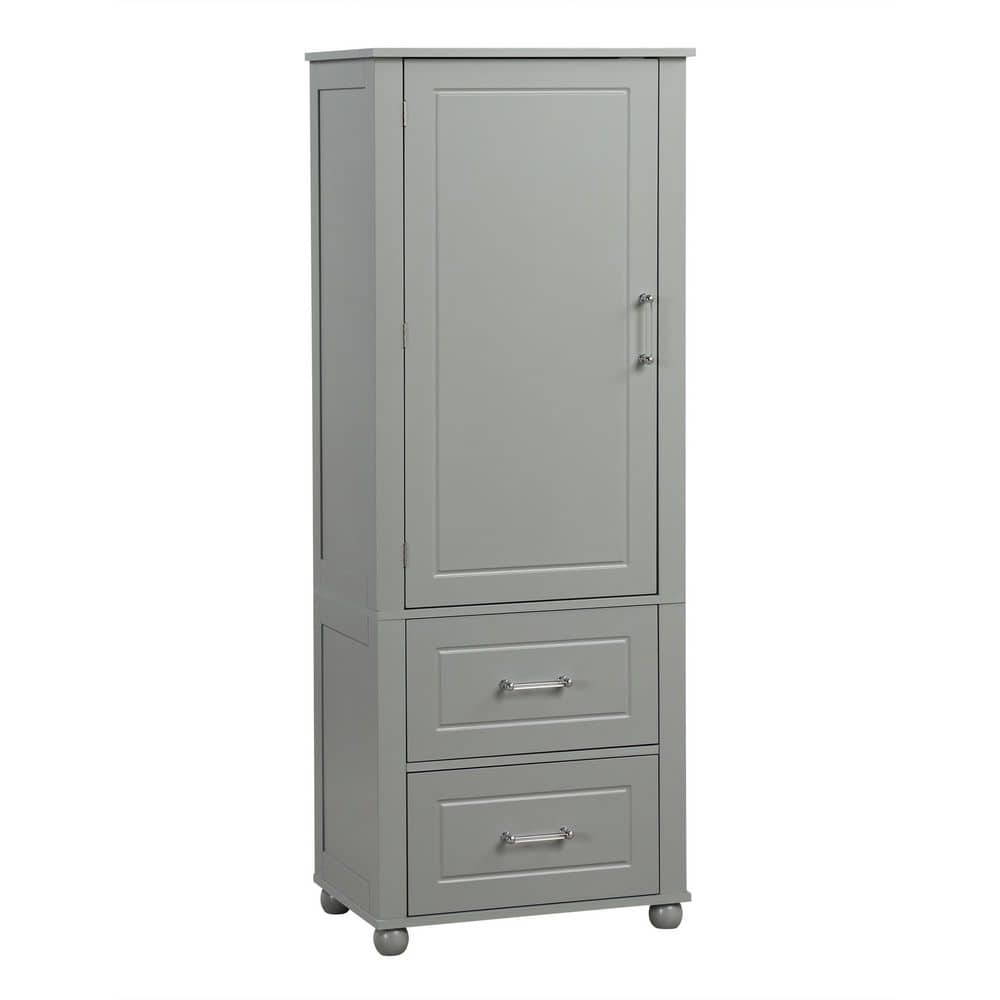 23 in. W x 15.9 in. D x 61.4 in. H Gray Freestanding Linen Cabinet Bathroom Storage Cabinet in Gray with Two Drawers