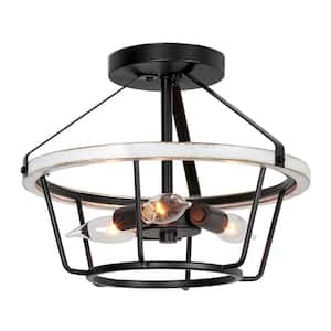 Palmer 60-Watt 3-Light Black Farmhouse Semi-Flush with Black Shade, No Bulb Included