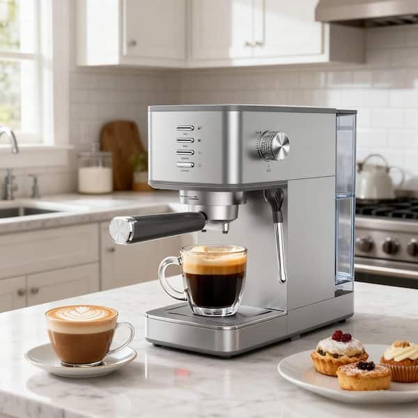 2-Cup Stainless Steel Silver Espresso Coffee Maker with Space Saving Design with Milk Frother Steam Wand