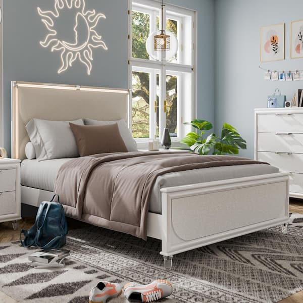 Glosan Pearl White Wood Frame Full Kids Platform Bed with LED on Upholstered Headboard