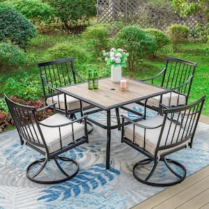 5-Piece Metal Patio Outdoor Dining Set with Square Wood-Look Tabletop and Swivel Stylish Arm Chairs with Beige Cushion
