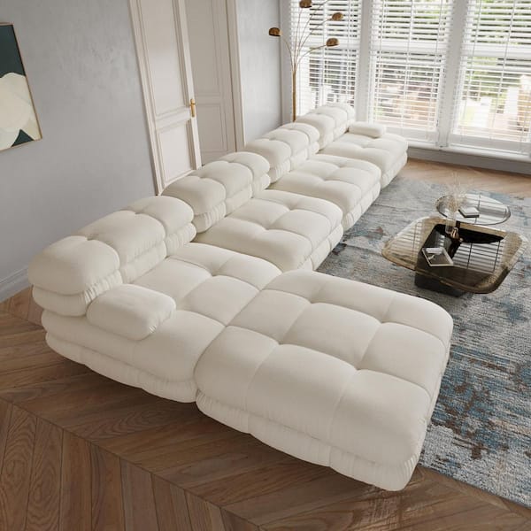 J&E Home 146.4 in. Square Arm Teddy Velvet L-shape Deep Seat Modular Sofa with Movable Ottoman in. Beige