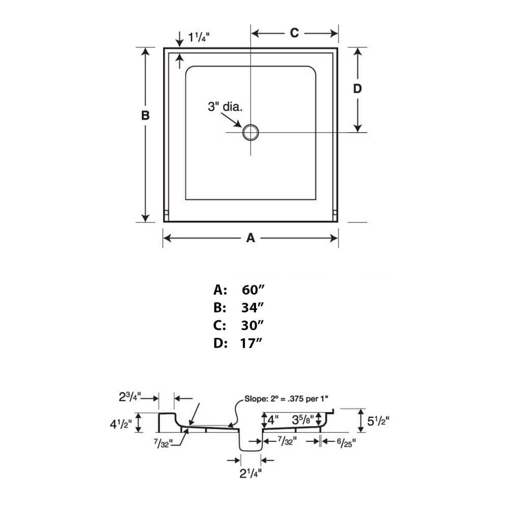 60'' x 34'' White Rectangular Shower Base