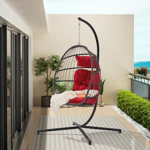 Outdoor Garden Rattan and Metal Egg Swing Chair Hanging Chair With Red Cushion