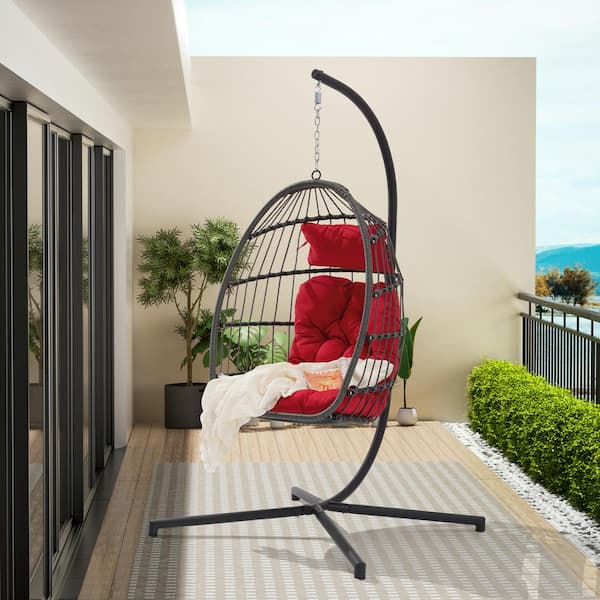 Outdoor Garden Rattan and Metal Egg Swing Chair Hanging Chair With Red ...