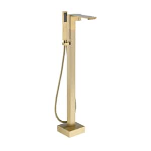 1-Handle Floor Mount Freestanding Tub Faucet with Square Handheld Shower in Brushed Gold