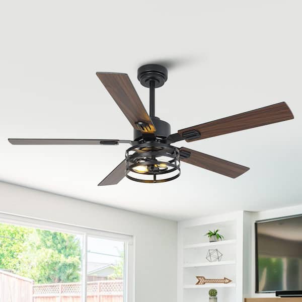 52 in. Indoor Industrial Matte Black Caged Ceiling Fan with Light Kit, Reversible Blades and Remote Included