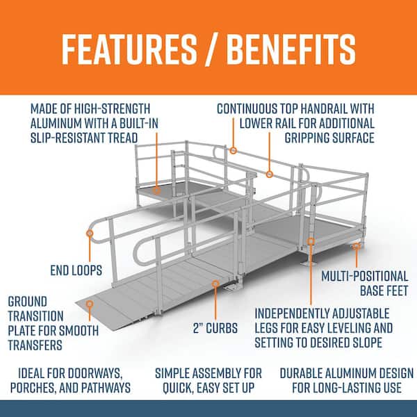 PATHWAY 14 ft. L-Shaped Aluminum Wheelchair Ramp Kit with Solid Surface Tread, 2-Line Handrails and (2) 4 ft. Platforms