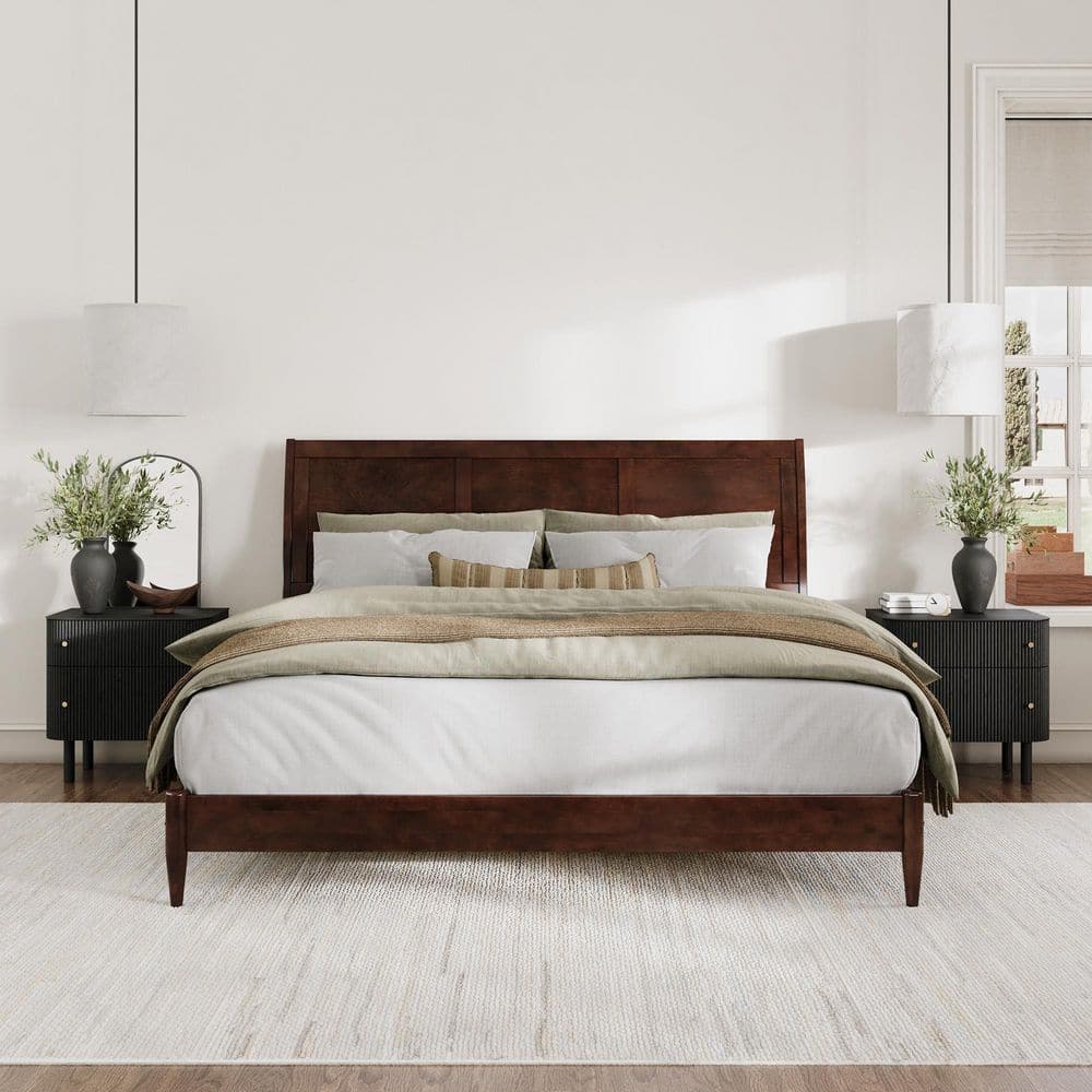 Valencia Walnut King Wood Sleigh Platform Bed with Headboard