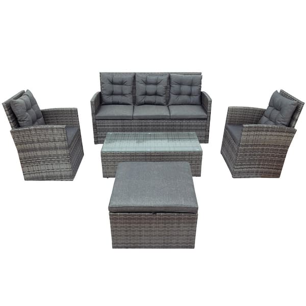 HOTEBIKE 5-piece PE Wicker Patio Coversation Set with Storage Bench, Glass Table and Gray Cushions