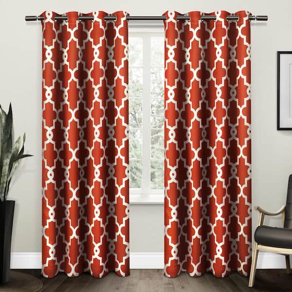 EXCLUSIVE HOME Ironwork Mecca Orange Woven Trellis 52 in. W x 96 in. L Noise Cancelling Thermal Grommet Blackout Curtain (Set of 2)