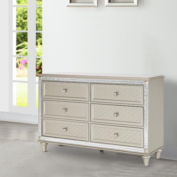 Benjara 60.5 in. Silver 6-Drawer Wooden Dresser Without Mirror
