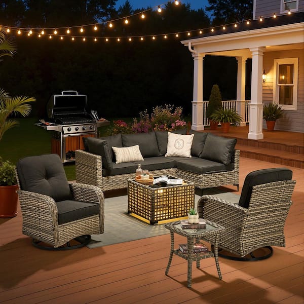 Solvoc Gray 8-Piece Wicker Outdoor Patio Conversation Set with Black Cushion, Swivel Chair, Lights Coffee Table