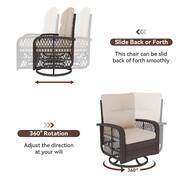 10-Piece Outdoor Rattan Wicker Patio Conversation with Fire Pit Table Swivel Chairs Beige Cushions