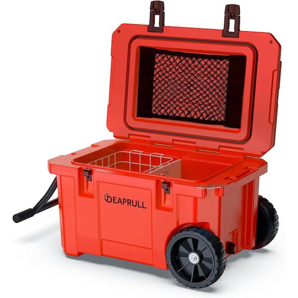 27.5 in. 55 qt. Cooler with Wheels, Warming Drawer, Leak-Proof Outdoor Insulated Cooler with Handle, Cup Holders, Red