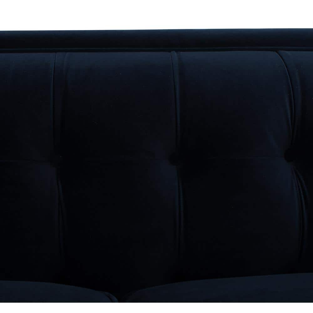 Dark Navy Blue Velvet Tufted Tuxedo Settee with Wood Legs