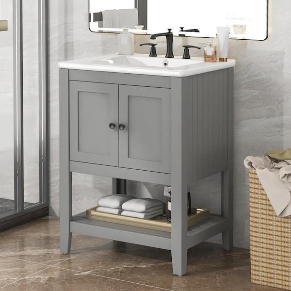 24 in. W x 17.8 in. D x 33.6 in. H Single Sink Solid Wood Frame Freestanding Bath Vanity in Gray with White Ceramic Top