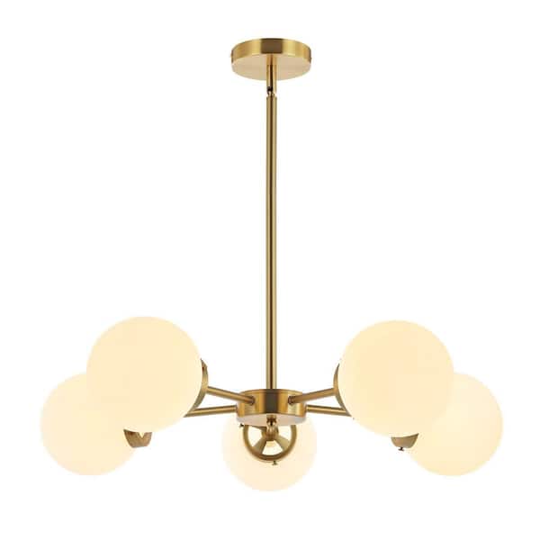 WINGBO 5-Light Gold Modern Chandelier, Sputnik Pedant Light Fixture with Large White Glass Globe Shade