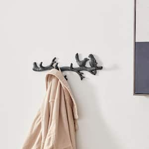 Dark Brown Cast Iron Birds on Tree Branch Decorative Wall Sculpture Utility Hook Unit with 4 Hooks