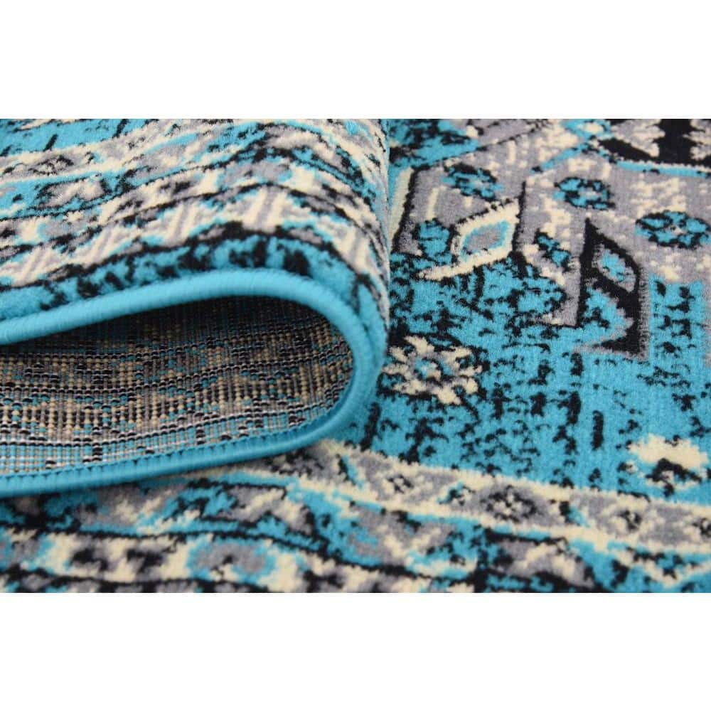 Turquoise and Black Synthetic Runner Rug with Tribal Design