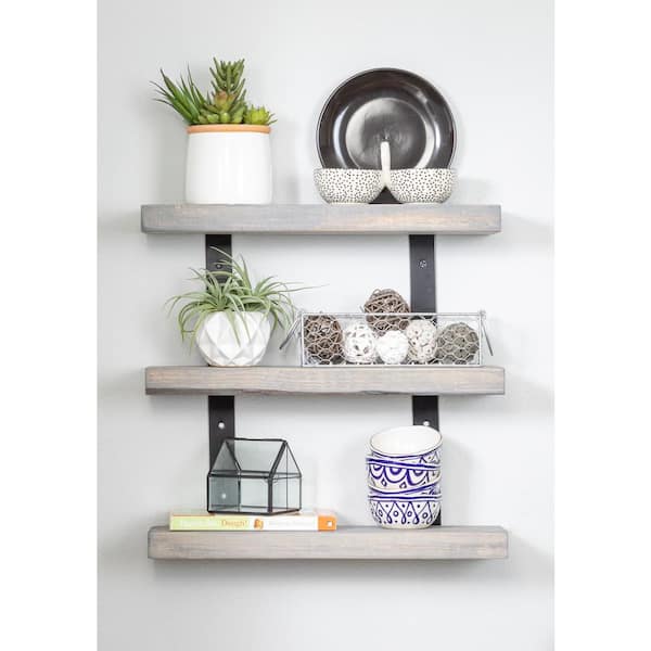 Del Hutson Designs Industrial Grace 5.5 in. x 20 in. x 20 in. Gray Pine Wood 3-TIer Decorative Wall Shelf with Brackets