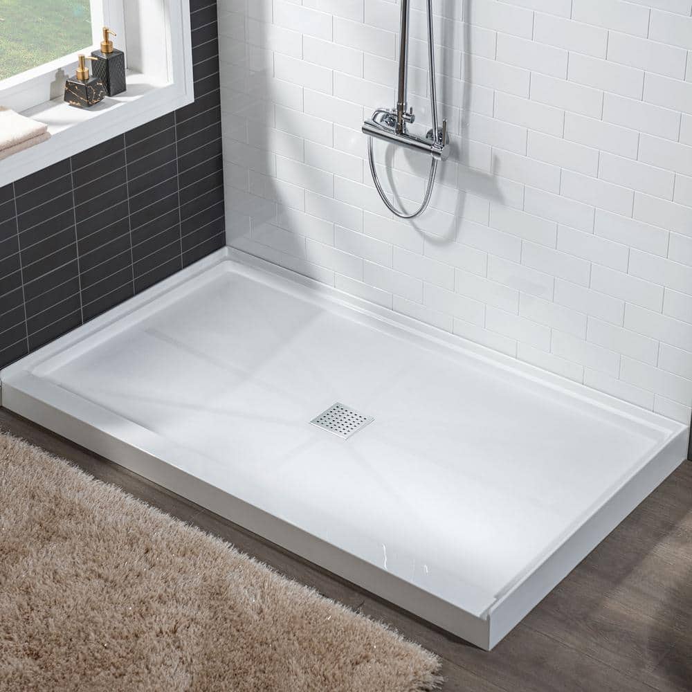 48" White Solid Surface Rectangular Shower Pan with Center Drain