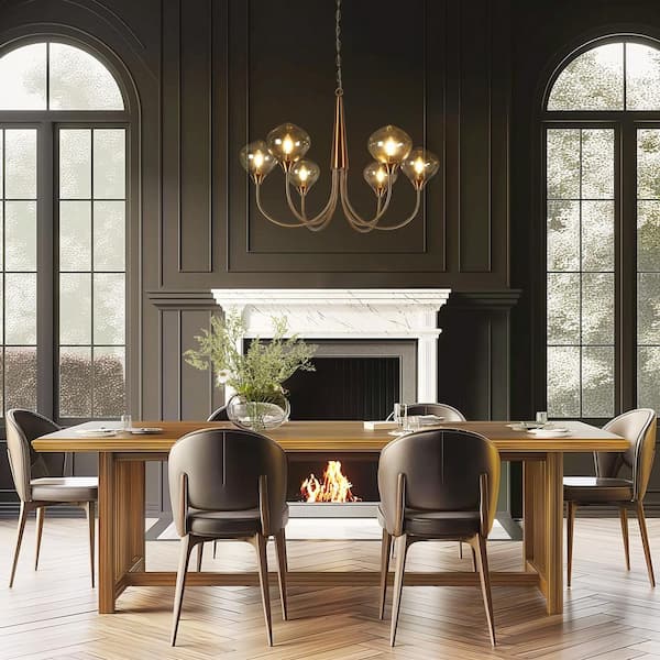 32 in. Modern 6-Light Plating Brass Island Chandelier with Smoky Gray Glass Globes Dining Rooms Kitchen Pendant Light