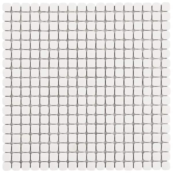 Nova White 4 in. x 0.23 in. Mini Square Frosted Glass Mosaic Floor and Wall Tile Sample