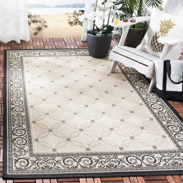 Courtyard Sand/Black 8 ft. x 8 ft. Square Border Indoor/Outdoor Patio  Area Rug